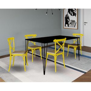 Conjunto De Mesa Elen Retangular 140X80Cm Preto Com 4 Cadeiras Katrina Amarela Asse - Preto