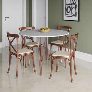 Mesa Jantar Redonda Branca Elen 110Cm Hairpin Com 4 Cadeiras Katrina Cobre - Preto