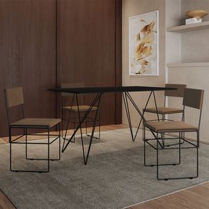 Mesa Jantar Industrial Trama 1,40X0,80M Preta Com 4 Cadeiras Estofadas Vitória Marrom E Preta