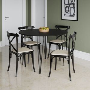 Mesa Com 4 Cadeiras Katrina Preta Elen Hairpin 110Cm Jantar Preta Com Ferro Preto - Preto