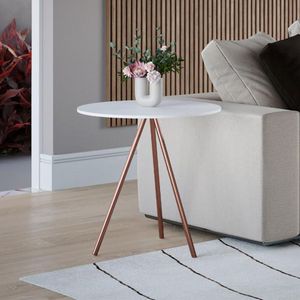 Mesa Lateral Gabriela Wood Tampo Madeira Branco Pés Cobre - Branca