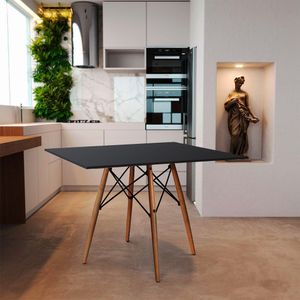 Mesa Eames Eiffel Quadrado Tampo De Madeira 90Cm Preto - Preto