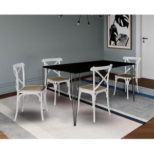 Conjunto De Mesa Elen Retangular 140X80Cm Preto Com 4 Cadeiras Katrina Branca Assen - Preto