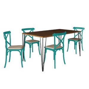 Conjunto De Mesa Elen Retangular 140X80Cm Amêndoa Com 4 Cadeiras Katrina Azul Turqu - Marrom
