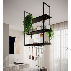 Prateleira Estilo Industrial Suspensa Teto Cozinha Nicho Denver 80Cm - Preto - Preto