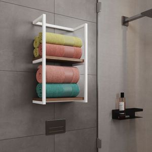 Toalheiro Para Banheiro Estilo Industrial Sahy - Branco E Prateleira Imbuia - Preto