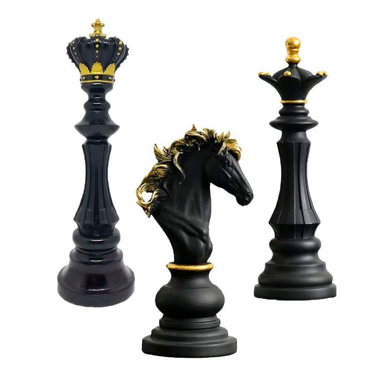 Escultura Decoração Peças Xadrez Rainha, Rei e Cavalo luxo