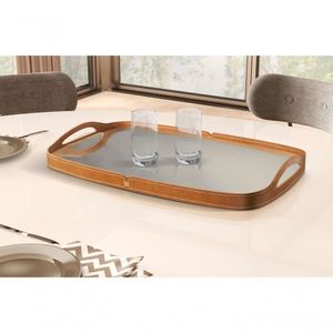 Bandeja Decorativa Vale Com Espelho E Couro Cor:marrom/castanho