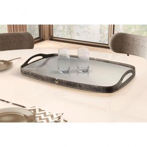 Bandeja Decorativa Vale Com Espelho E Couro Cor:preto/ebano
