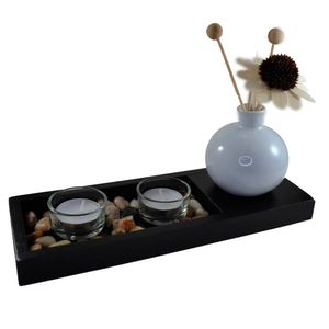 Conjunto Bandeja Com Difusor Porta Velas Jardim Zen Madeira 12cm