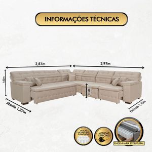 Sofá Magno 2.57x3.97m De Canto, Retrátil E Reclinável - Bege