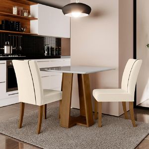 Conjunto De Mesa Sala De Jantar Atenas Com 2 Cadeiras Carvalho/off White/bege 0,90m Quadrada Dobuê Off White