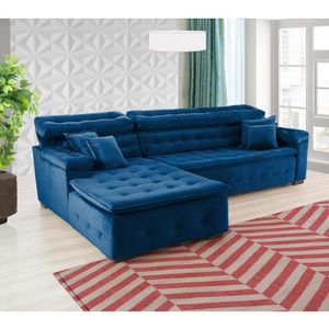 Sofá Orlando 2.40x1.50m Com Chaise, Retrátil E Reclinável - Azul