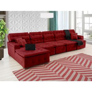 Sofá Orlando 4.20x1.50m Com Chaise, Retrátil E Reclinável - Vinho