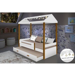 Cama Montessoriana Infantil Sara Solteiro C/ Led E Cama Auxiliar - Branco/Amêndoa - Cor: Branco