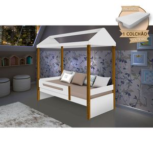 Cama Montessoriana Infantil Sara Solteiro Com Colchão Divaloto - Branco/Amêndoa - Cor: Branco
