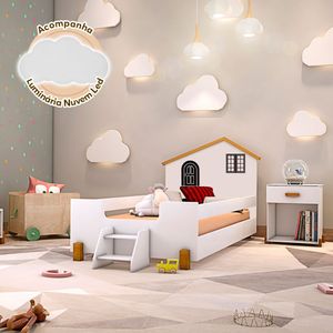 Cama Montessoriana Infantil Juvenil Belissima Preta Branca E Amêndoa + Luminária Led - Cor: Branco