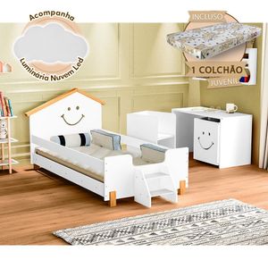 Cama Infantil Com Colchão Juvenil Alegra Branca E Amêndoa + Luminária Led - Cor: Branco