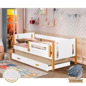 Bicama Infantil Com Grade De Proteção E Colchões Mirela Branca/Mel + Luminária Led - Cor: Branco