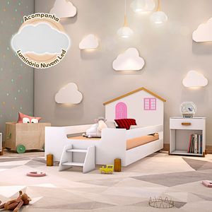 Cama Infantil Juvenil Belissima Rosa Branca E Amêndoa + Luminária Led - Cor: Branco