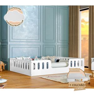 Cama Casal Com Colchão Design Montessoriana Helo Branca + Luminária - Cor: Branco