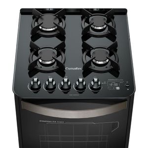 Fogão Esmaltec Esmeralda Glass Gourmet 4 Bocas Preto Com Timer Digital E Grill Elétrico