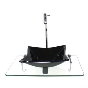 Kit Cuba De Vidro 10Mm Preta Tampo 50Cm Incolor Com Suporte Torneira Valvula