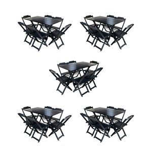 Kit 5 Jogos De Mesa Dobravel Com 6 Cadeiras De Madeira 120X70 Para Restaurante E Bar - Preto