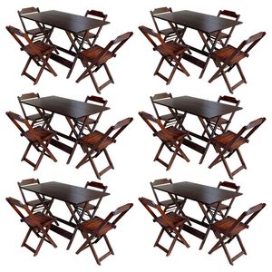 Kit 6 Conjuntos De Mesa Com 4 Cadeiras De Madeira Dobravel 120X70 Imbuia - Marrom