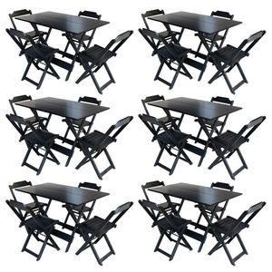 Kit 6 Conjuntos De Mesa Com 4 Cadeiras De Madeira Dobravel 120X70 Preto - Preto