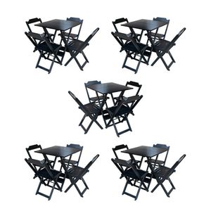 Kit 5 Conjuntos De Mesa Dobravel Com 4 Cadeiras De Madeira 70X70 Para Restaurante E Bar - Preto