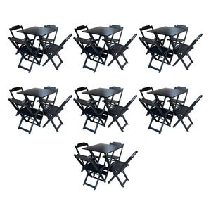 Kit 7 Jogos De Mesa Dobravel Com 4 Cadeiras De Madeira 70X70 Para Restaurante E Bar - Preto