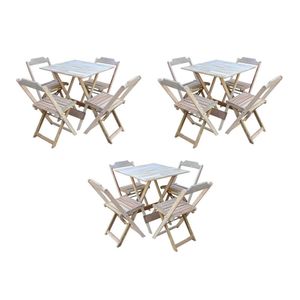 Kit 3 Jogos De Mesa Dobravel Com 4 Cadeiras De Madeira 70X70 Para Restaurante E Bar - Sem Pintura