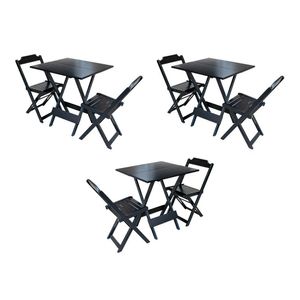 Kit 3 Jogos De Mesa Dobravel Com 2 Cadeiras De Madeira 70X70 Para Restaurante E Bar - Preto