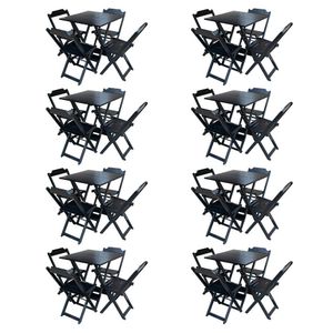 Kit 8 Jogos De Mesa Com 4 Cadeiras De Madeira Dobravel 70X70 - Preto - Preto