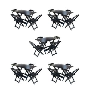 Kit 5 Conjuntos De Mesa Dobravel Com 4 Cadeiras De Madeira 120X70 Para Restaurante E Bar - Preto
