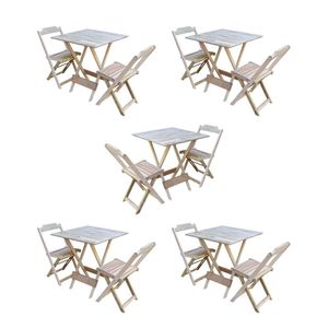 Kit 5 Conjuntos De Mesa Dobravel Com 2 Cadeiras De Madeira 70X70 Para Restaurante E Bar - Sem Pintur
