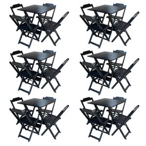 Kit 6 Jogos De Mesa Com 4 Cadeiras De Madeira Dobravel 60X60 - Preto - Preto