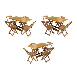 Kit 3 Jogos De Mesa Retangular Dobravel Em Madeira Padrão 120X70 Com 4 Cadeiras - Imbuia - Marrom