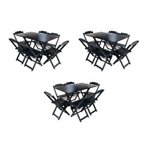 Kit 3 Conjuntos De Mesa Dobravel Com 6 Cadeiras De Madeira 120X70 Para Restaurante E Bar - Preto