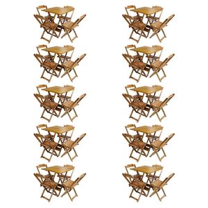 Kit 10 Conjuntos De Mesa Com 4 Cadeiras De Madeira Dobravel 70X70 Mel - Amarelo