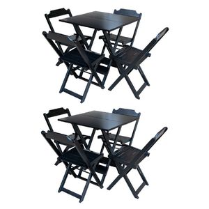Kit 2 Jogos De Mesa Dobrável Com 4 Cadeiras Em Madeira Maciça 70X70 - Preto - Preto
