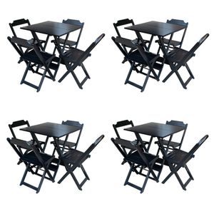 Kit 4 Jogos De Mesa Com 4 Cadeiras De Madeira Dobravel 70X70 - Preto - Preto