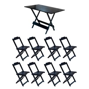 Jogo De Mesa Dobrável 1,20X70 Em Madeira Maciça Com 8 Cadeiras - Preto - Preto