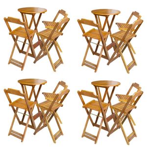 Kit 4 Conjuntos De Mesa Bistrô Dobravel Em Madeira Maciça Com 3 Banquetas Altas - Mel - Marrom