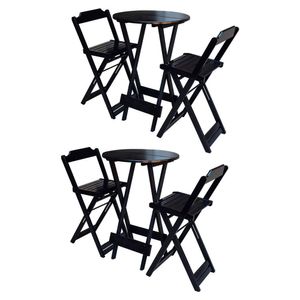 Kit 2 Jogos De Mesa Bistrô Dobrável Em Madeira Maciça Com 2 Banquetas Altas - Preto - Preto