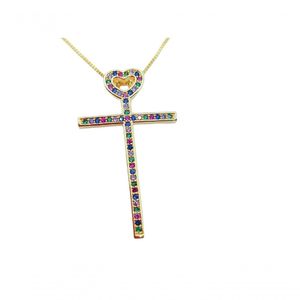 Colar Cruz E Coração Multicolorido