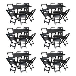 Kit 6 Conjuntos De Mesa Dobráveis De Madeira 70x110cm Com 6 Cadeiras Preta