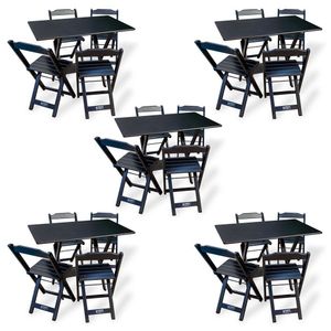 Kit De 5 Conjuntos De Mesa Dobrável 70x110 Com 4 Cadeiras Preto - Cor: Preto