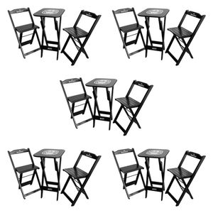 Kit 5 Conjuntos Bistrô Mesa Com 2 Banquetas Dobráveis De Madeira Personalizada Hei - Preta
